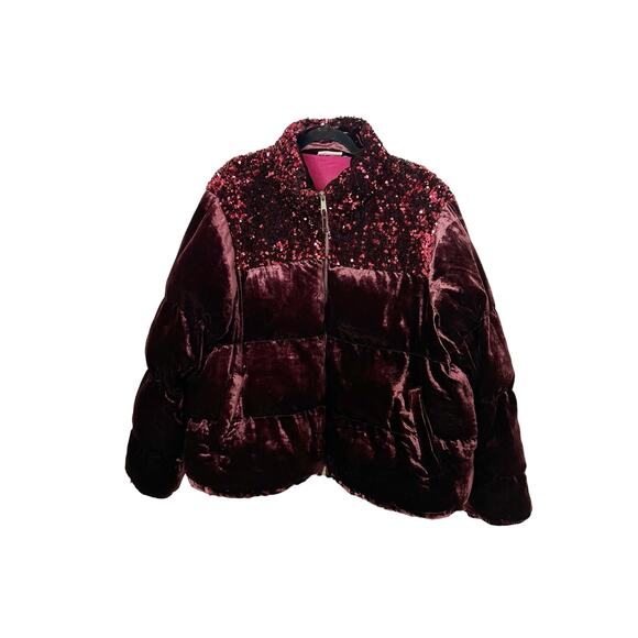 Anthropologie Maeve Coat Vera Sequined Velvet Wine Red Zip Up Puffer Size 2X - Picture 2 of 8